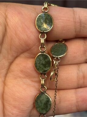 Vintage 12K Gold Filled Green Jade Oval Link Bracelet 7” Woman’s Jewelry